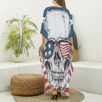 American Skull With Sunglasses Print Silk V-Neck Kaftan Dress