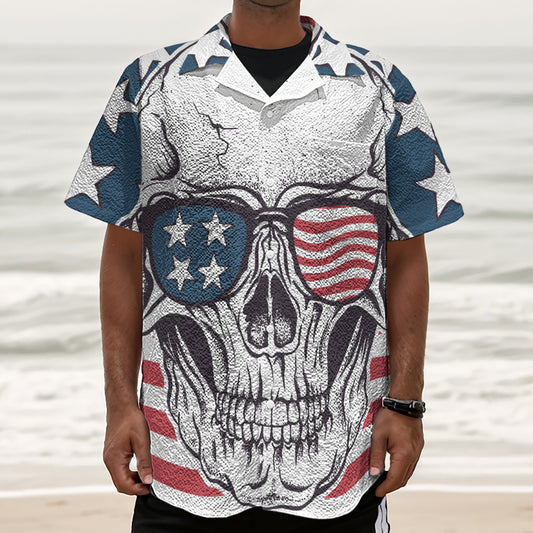 American Skull With Sunglasses Print Textured Short Sleeve Shirt