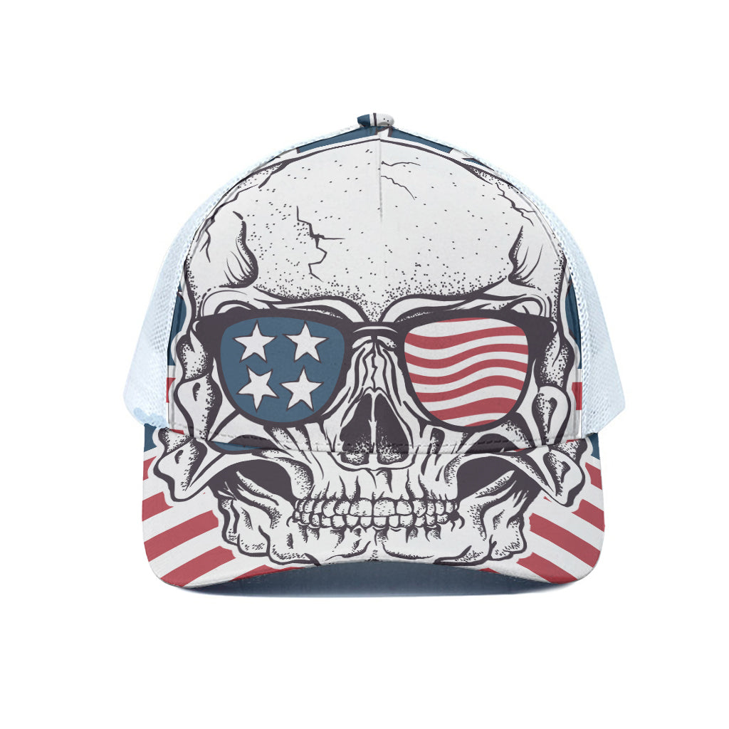 American Skull With Sunglasses Print White Mesh Trucker Cap