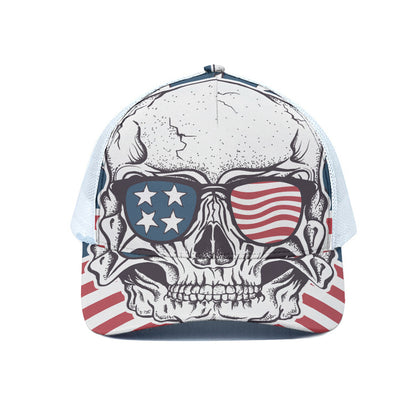 American Skull With Sunglasses Print White Mesh Trucker Cap