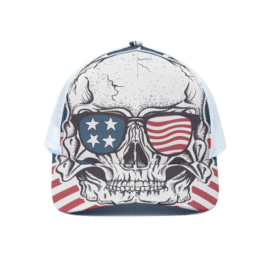 American Skull With Sunglasses Print White Mesh Trucker Cap