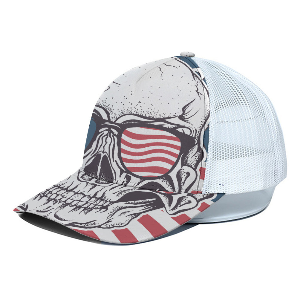 American Skull With Sunglasses Print White Mesh Trucker Cap