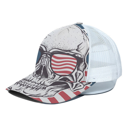 American Skull With Sunglasses Print White Mesh Trucker Cap