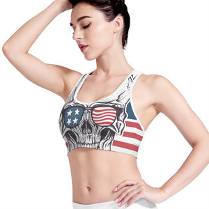 American Skull With Sunglasses Print Women's Sports Bra