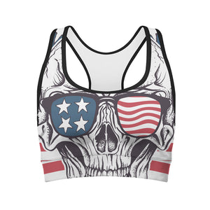 American Skull With Sunglasses Print Women's Sports Bra