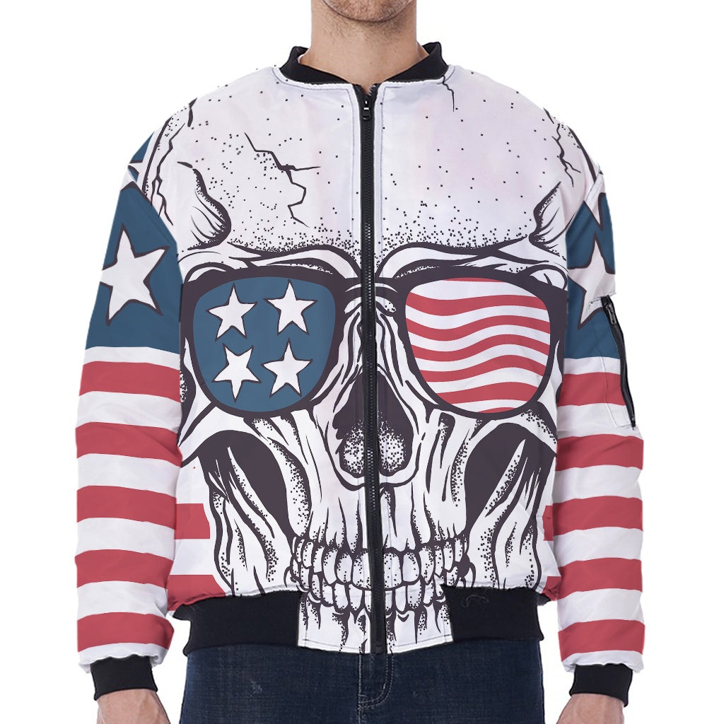 American Skull With Sunglasses Print Zip Sleeve Bomber Jacket