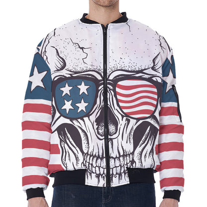 American Skull With Sunglasses Print Zip Sleeve Bomber Jacket