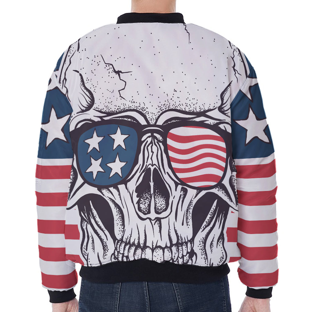 American Skull With Sunglasses Print Zip Sleeve Bomber Jacket