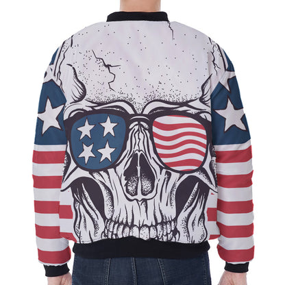 American Skull With Sunglasses Print Zip Sleeve Bomber Jacket