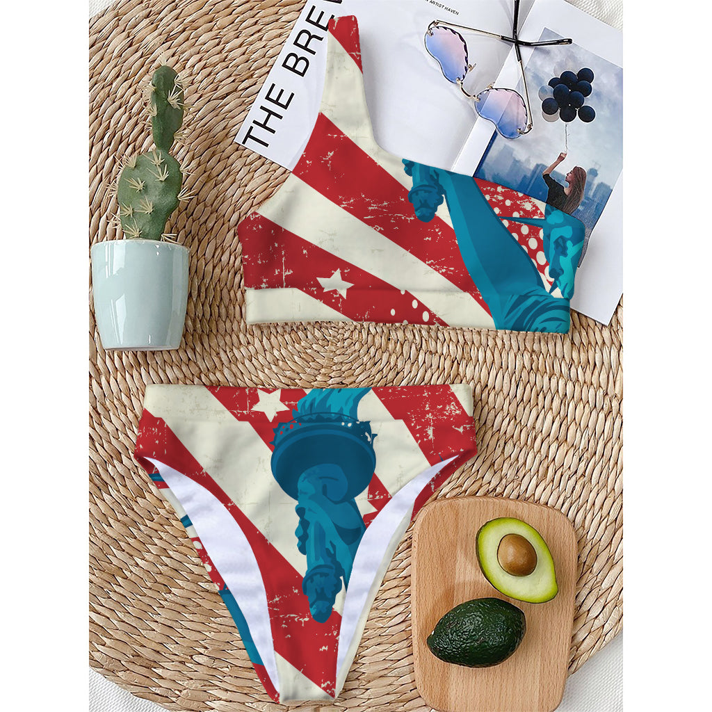 American Statue of Liberty Print One Shoulder Bikini Top