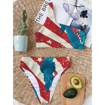 American Statue of Liberty Print One Shoulder Bikini Top