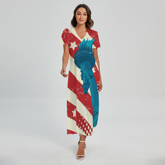 American Statue of Liberty Print Short Sleeve Maxi Dress
