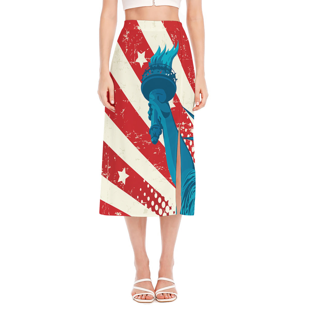 American Statue of Liberty Print Side Slit Midi Skirt