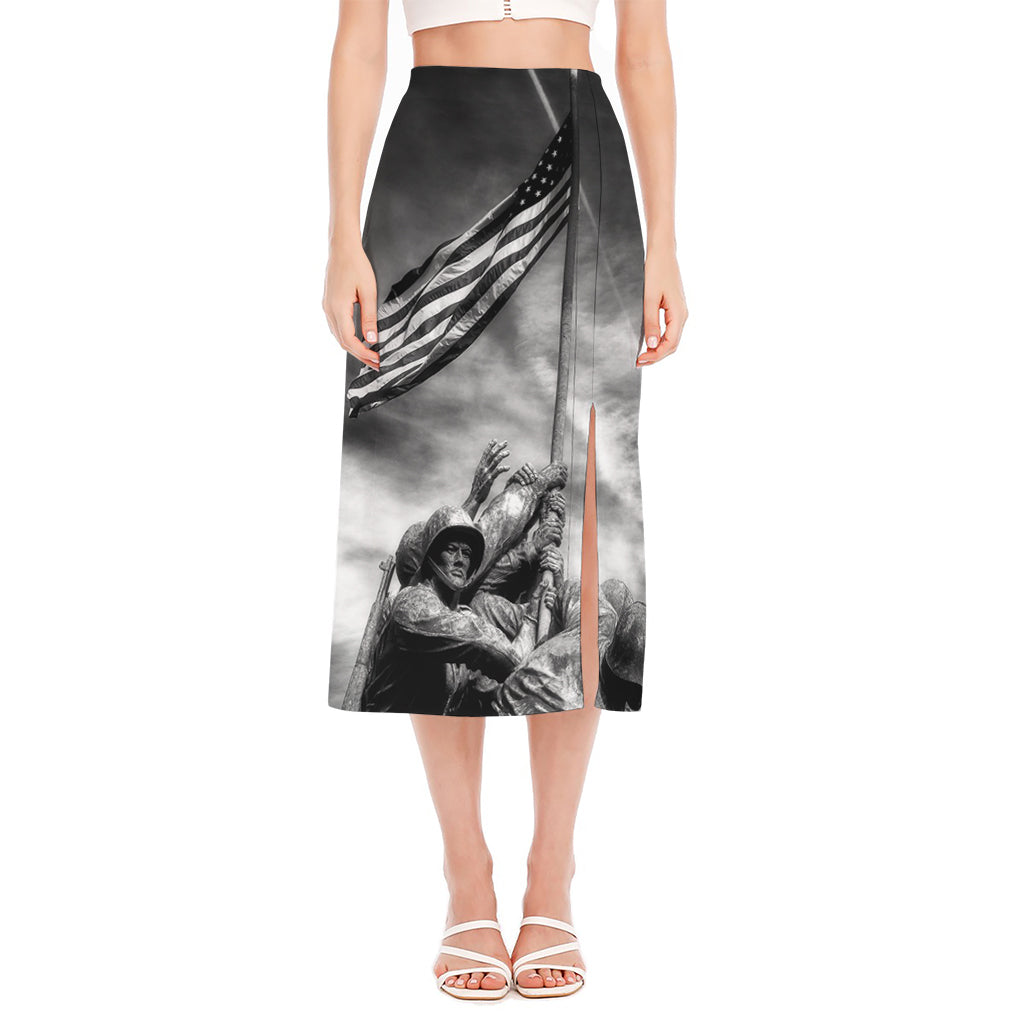 American War Memorial Print Side Slit Midi Skirt