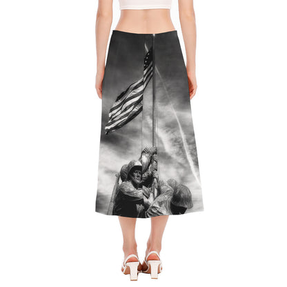 American War Memorial Print Side Slit Midi Skirt