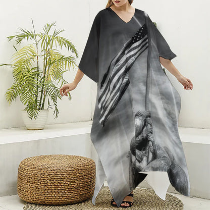 American War Memorial Print Silk V-Neck Kaftan Dress