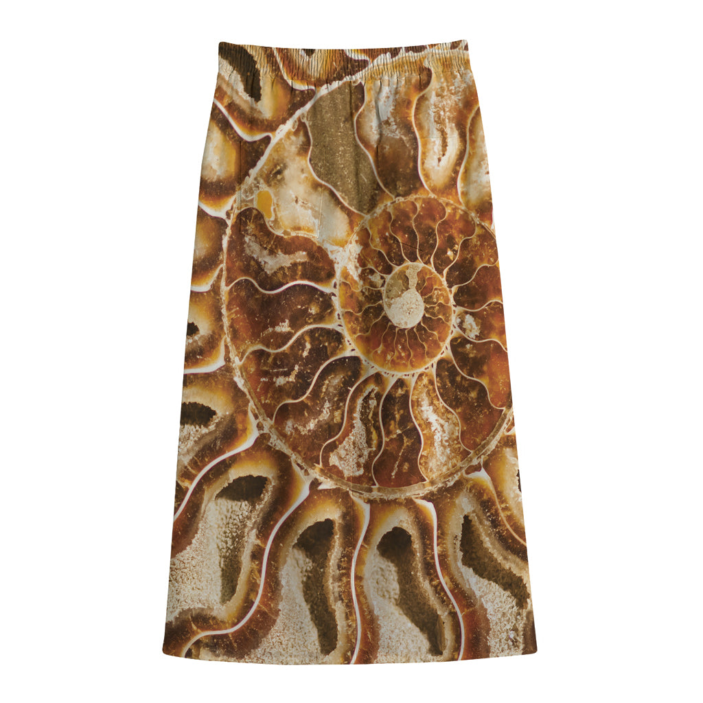 Ammonite Fossil Print Cotton Front Slit Maxi Skirt