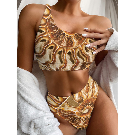 Ammonite Fossil Print One Shoulder Bikini Top