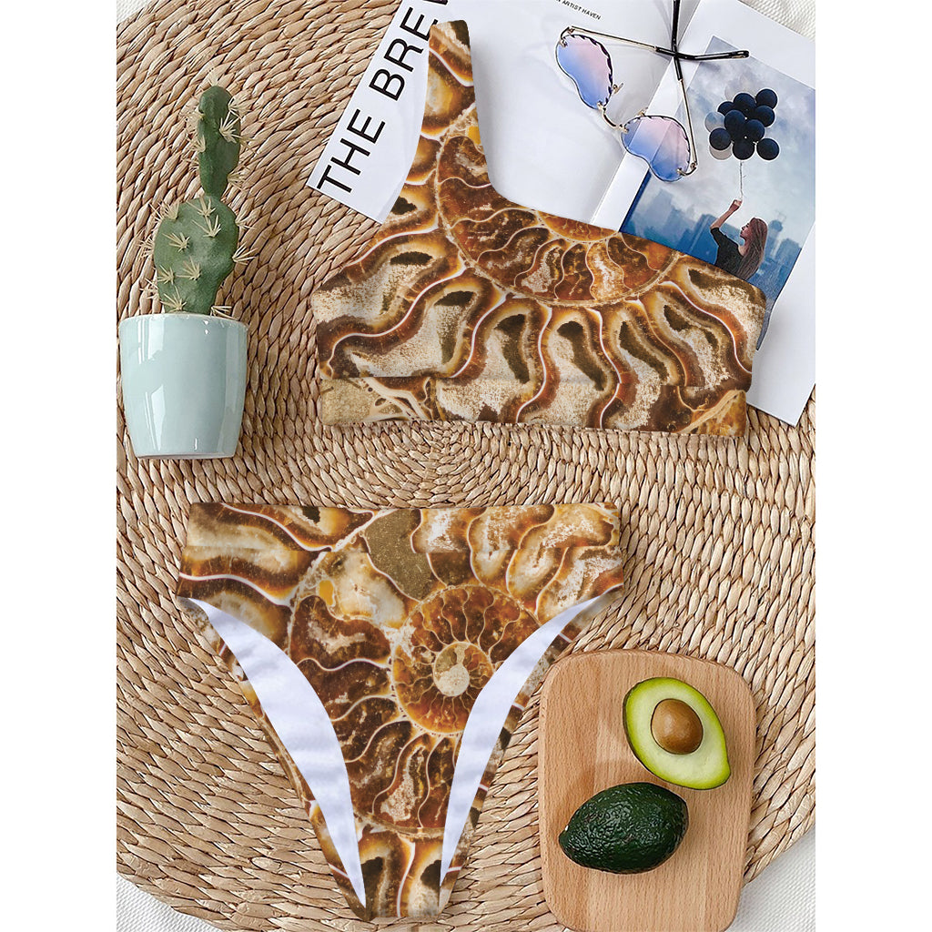 Ammonite Fossil Print One Shoulder Bikini Top