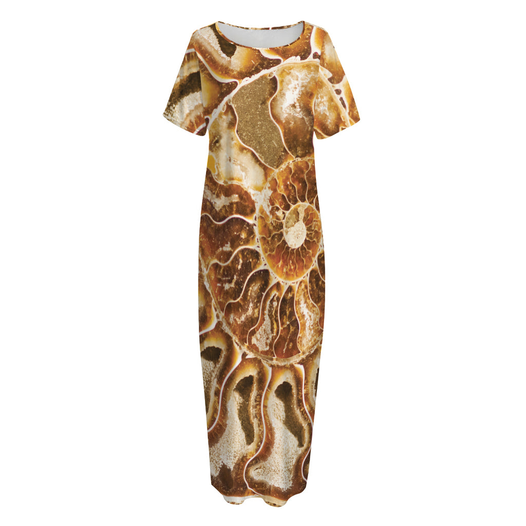 Ammonite Fossil Print Short Sleeve Long Nightdress