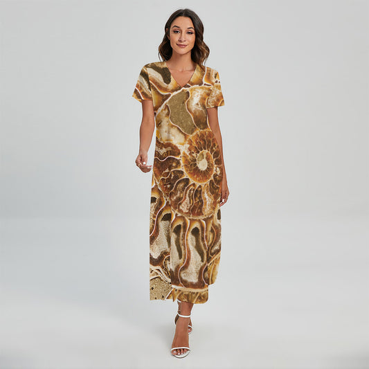 Ammonite Fossil Print Short Sleeve Maxi Dress