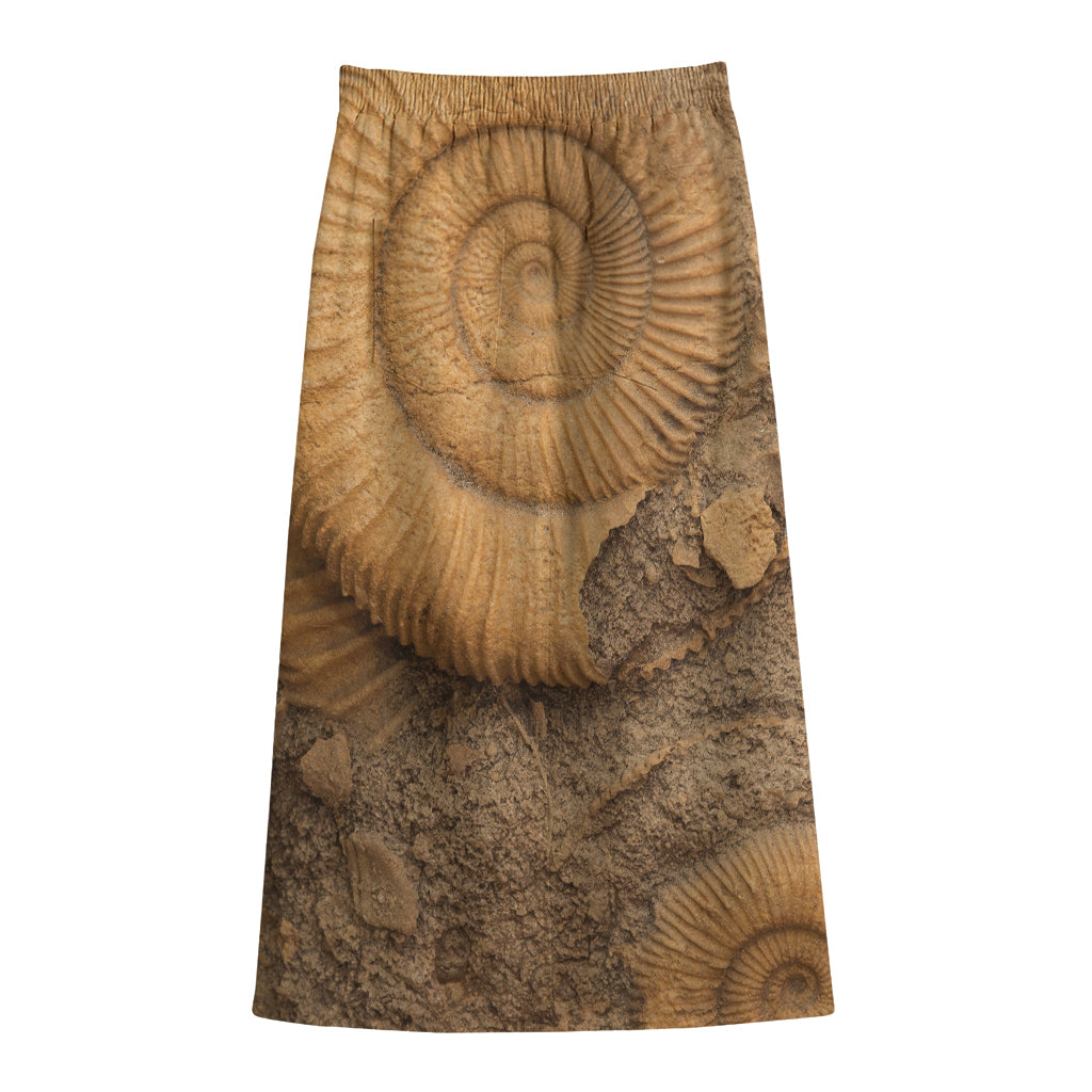 Ammonite Shell Fossil Print Cotton Front Slit Maxi Skirt