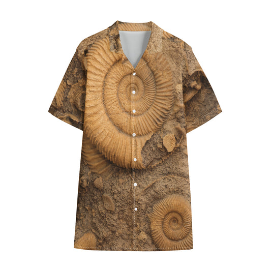 Ammonite Shell Fossil Print Cotton Hawaiian Shirt