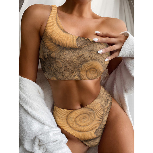 Ammonite Shell Fossil Print One Shoulder Bikini Top