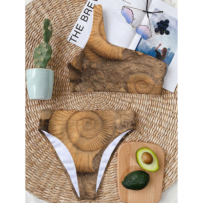 Ammonite Shell Fossil Print One Shoulder Bikini Top