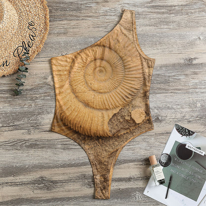 Ammonite Shell Fossil Print One Shoulder Bodysuit