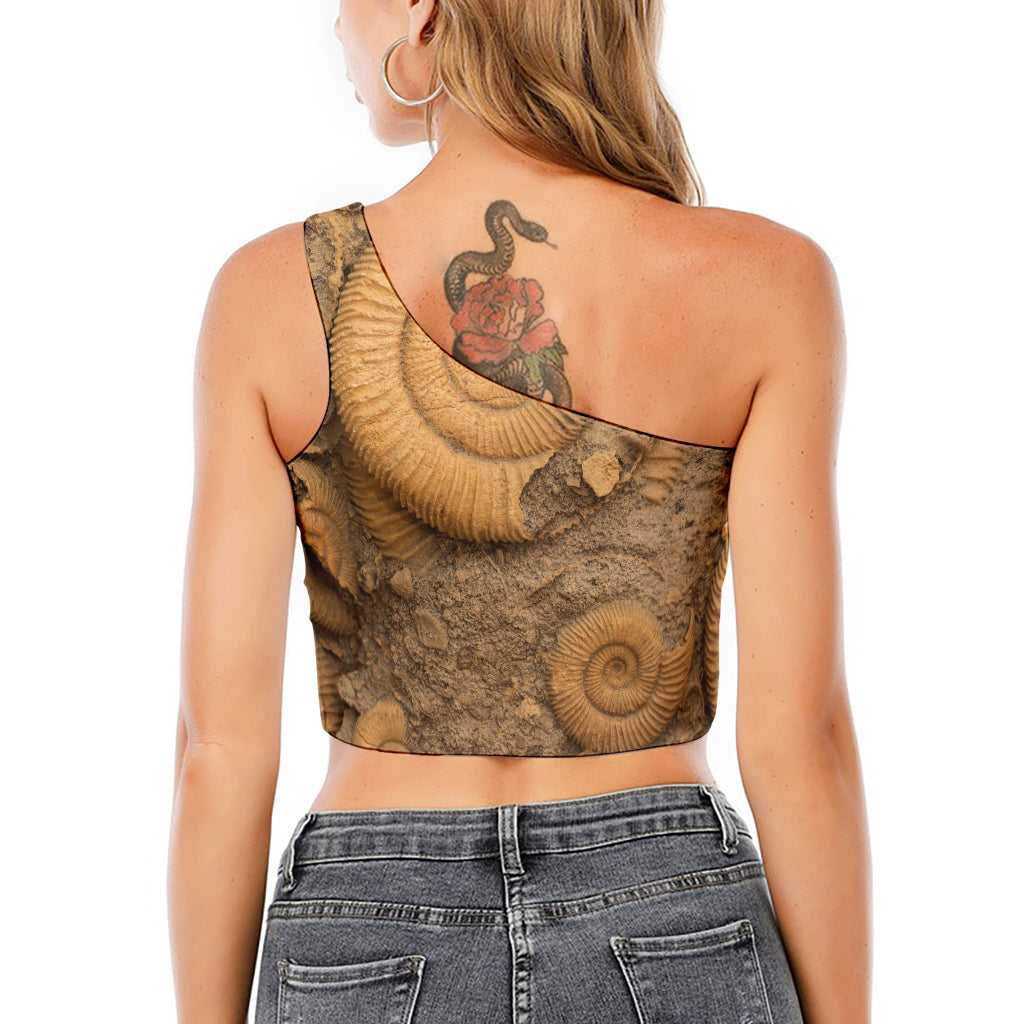 Ammonite Shell Fossil Print One Shoulder Crop Top