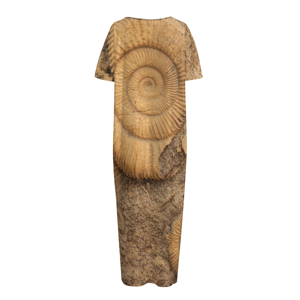 Ammonite Shell Fossil Print Short Sleeve Long Nightdress