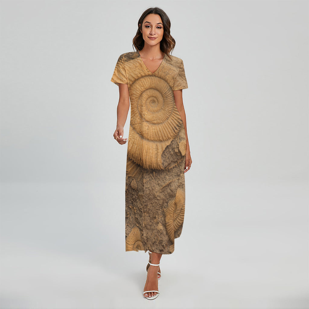 Ammonite Shell Fossil Print Short Sleeve Maxi Dress