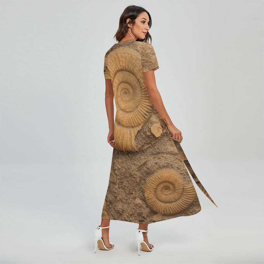Ammonite Shell Fossil Print Short Sleeve Maxi Dress