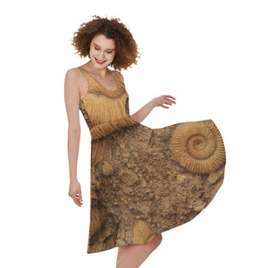 Ammonite Shell Fossil Print Sleeveless Knee Length Dress GearFrost Ammonite Shell Fossil Print Sleeveless Knee Length Dress GearFrost