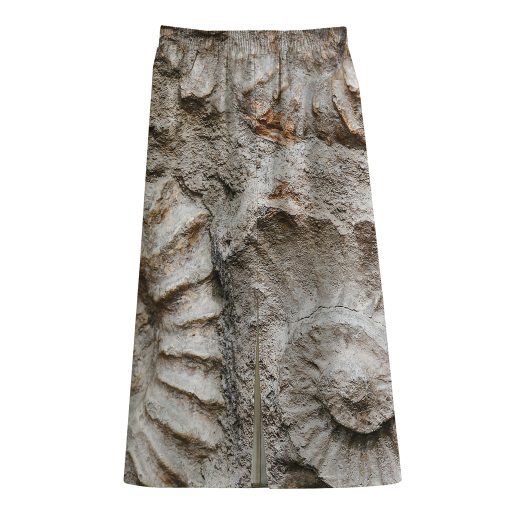 Ammonoidea Fossil Print Cotton Front Slit Maxi Skirt