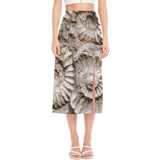 Ammonoidea Fossil Print Side Slit Midi Skirt