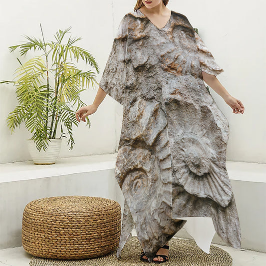 Ammonoidea Fossil Print Silk V-Neck Kaftan Dress