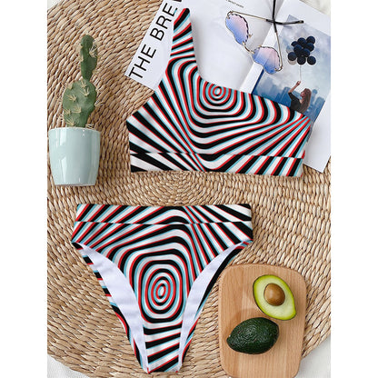 Anaglyph Optical Illusion Print One Shoulder Bikini Top