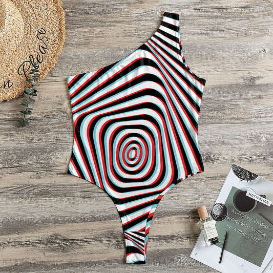 Anaglyph Optical Illusion Print One Shoulder Bodysuit
