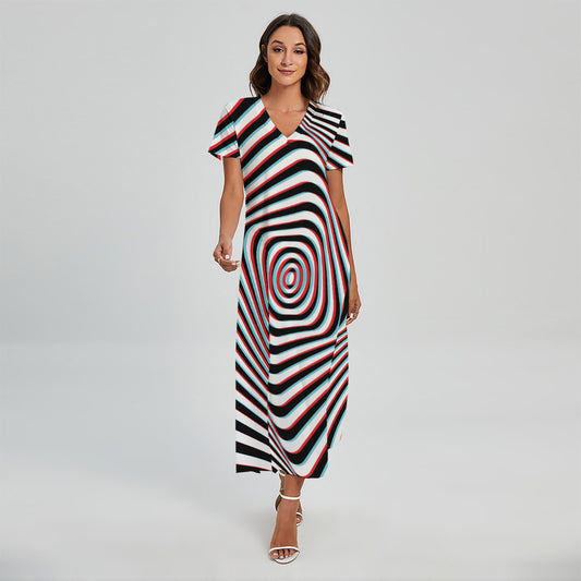 Anaglyph Optical Illusion Print Short Sleeve Maxi Dress