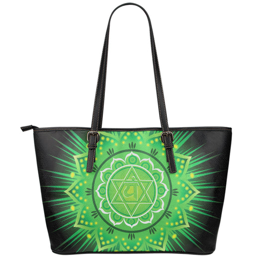 Anahata Chakra Mandala Print Leather Tote Bag