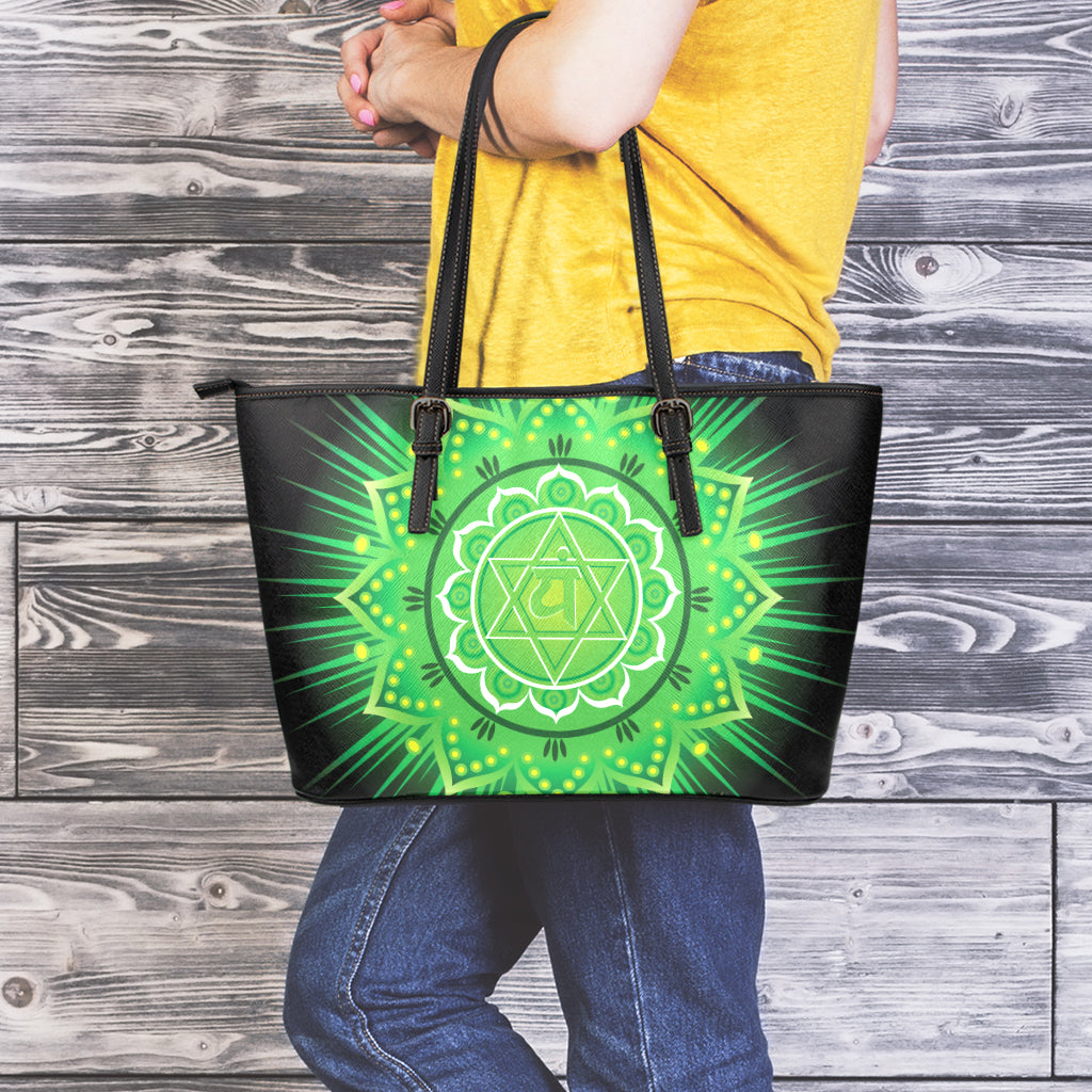 Anahata Chakra Mandala Print Leather Tote Bag