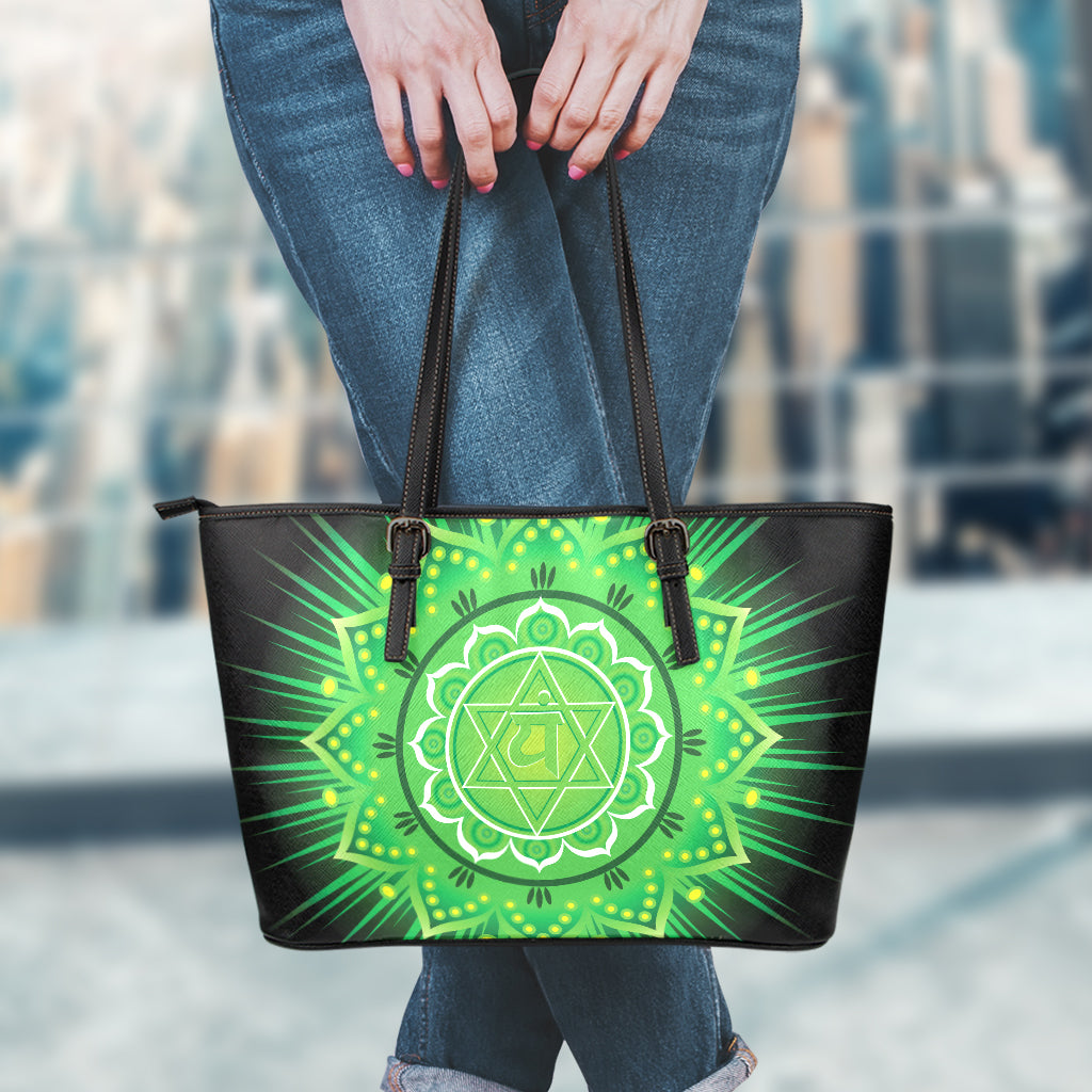 Anahata Chakra Mandala Print Leather Tote Bag