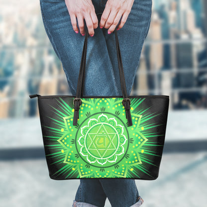 Anahata Chakra Mandala Print Leather Tote Bag