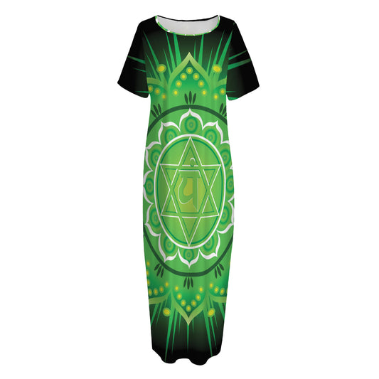Anahata Chakra Mandala Print Short Sleeve Long Nightdress