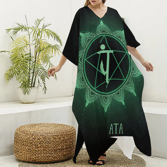 Anahata Chakra Symbol Print Silk V-Neck Kaftan Dress