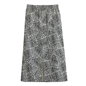 Ancient Aztec Tribal Pattern Print Cotton Front Slit Maxi Skirt