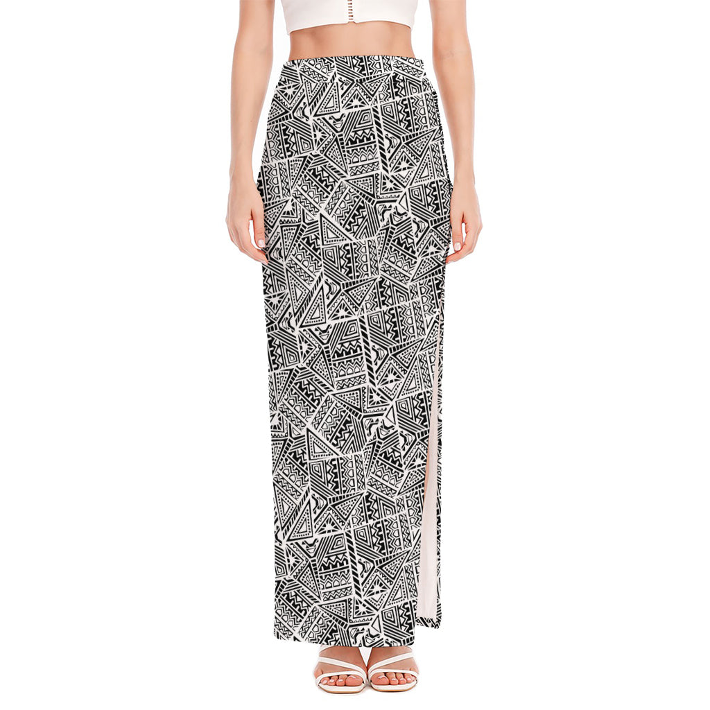 Ancient Aztec Tribal Pattern Print High Slit Maxi Skirt