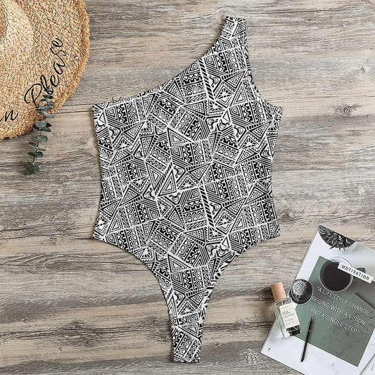 Ancient Aztec Tribal Pattern Print One Shoulder Bodysuit